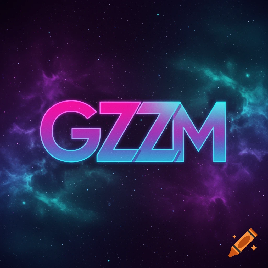 The letters GZZM in a neon pink and blue gradient futuristic style over a space background with nebulas.