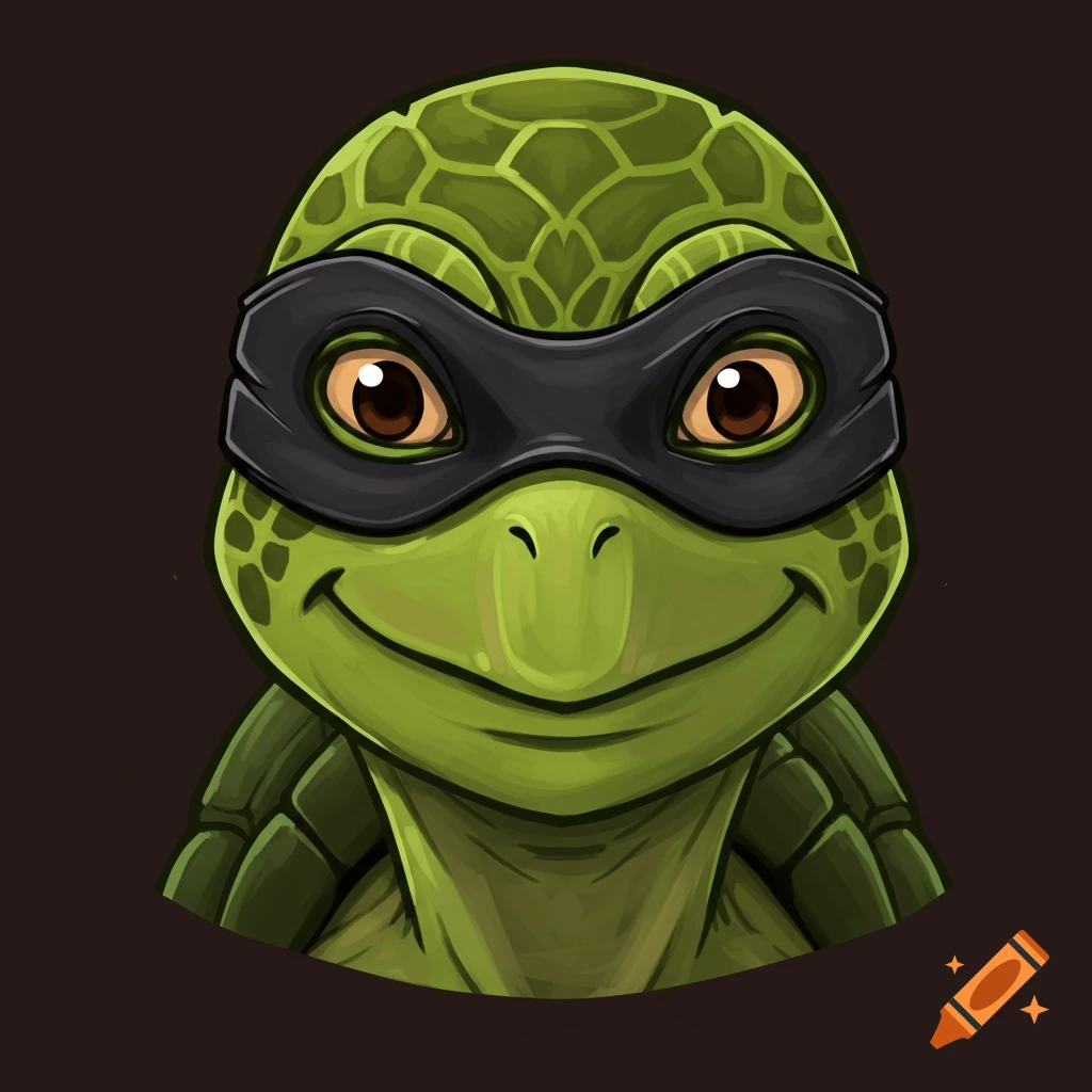 Cartoon portrait of a green turtle wearing a black ninja mask.