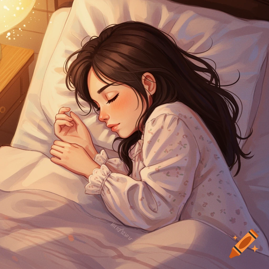 A young woman sleeping peacefully in a bed with warm light.