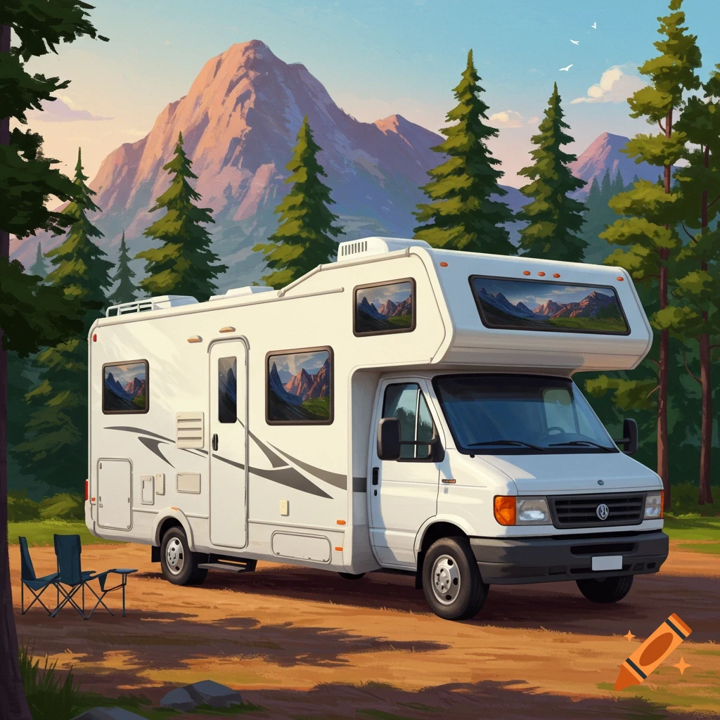 A white motor home is parked in a forest clearing with mountains in the background.