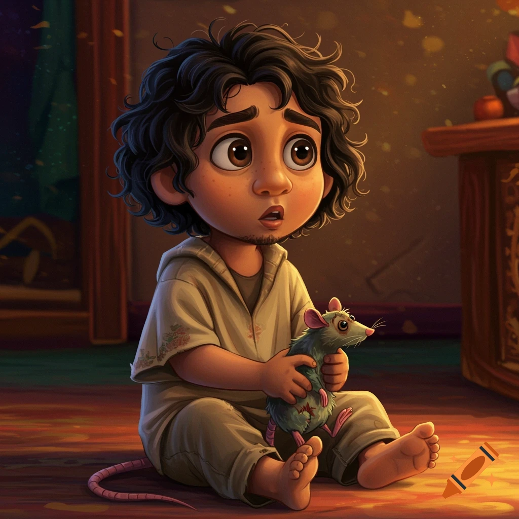 Young Bruno from Encanto is sitting on the floor, holding a stuffed rat.