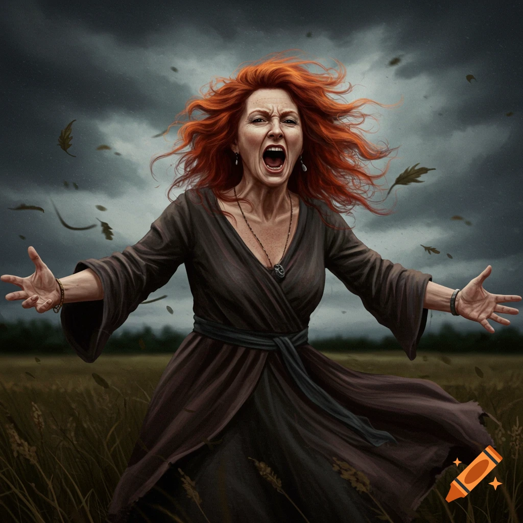 Angry woman with red hair yelling in a field under a stormy sky.