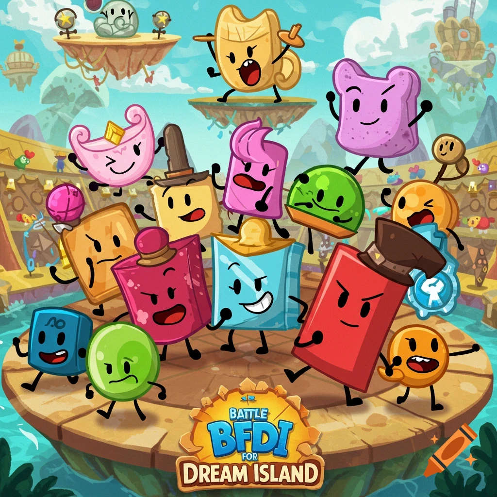 Battle For Dream Island characters on a floating platform in a stadium.