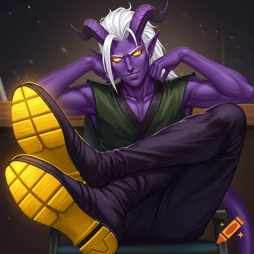 A purple-skinned tiefling man with white hair and horns is smirking while sitting back with feet on a desk.
