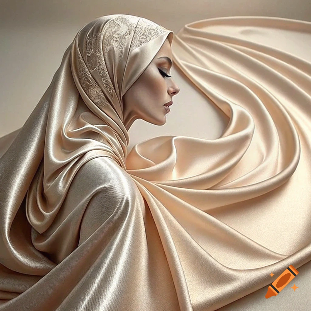 Profile view of a woman's head and shoulders covered in flowing golden satin fabric.