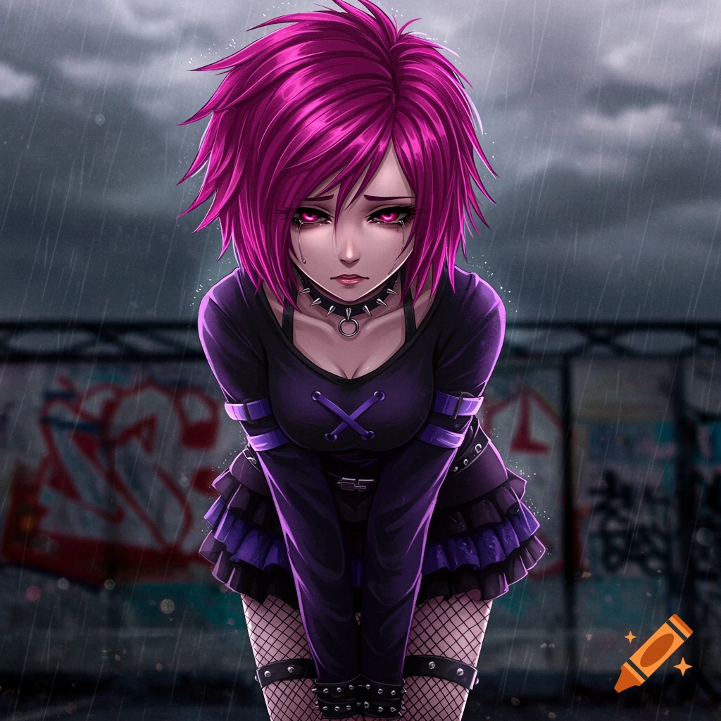 A sad anime girl with pink hair in gothic clothing stands in the rain.