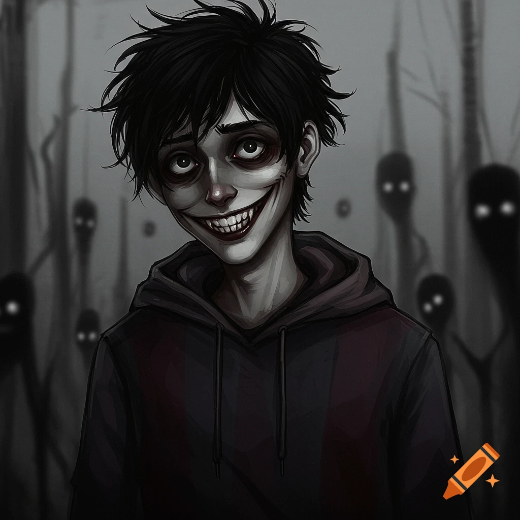 A creepy young man with a wide grin and dark eyes surrounded by shadowy figures.