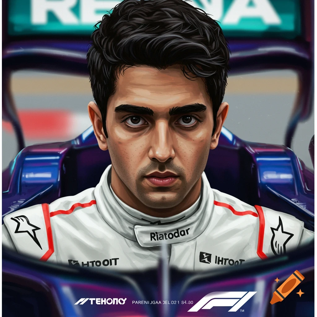 A man in a white racing suit is sitting in a blue F1 car cockpit, looking seriously at the viewer.