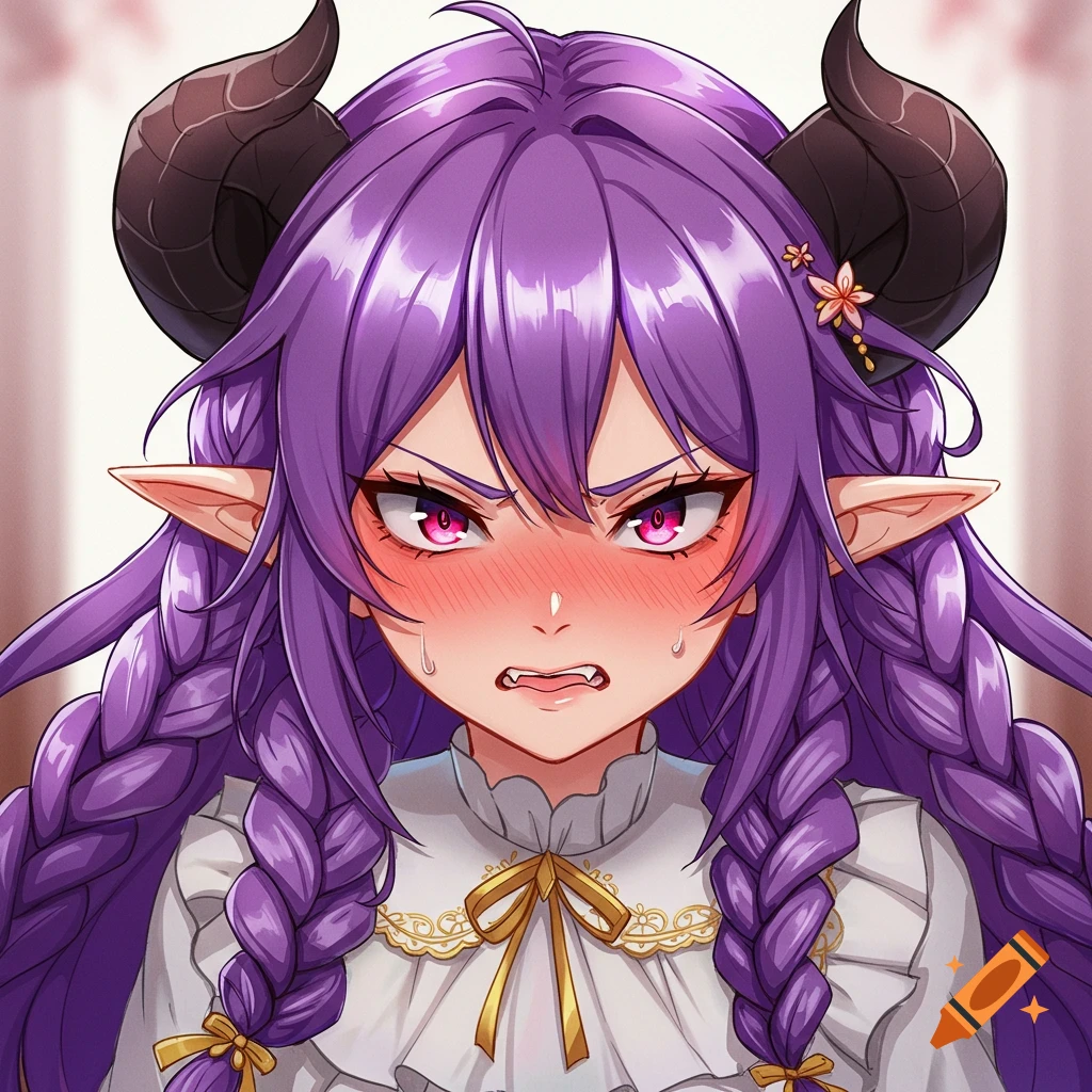 Anime girl with purple braided hair and black horns looks angry and flustered.