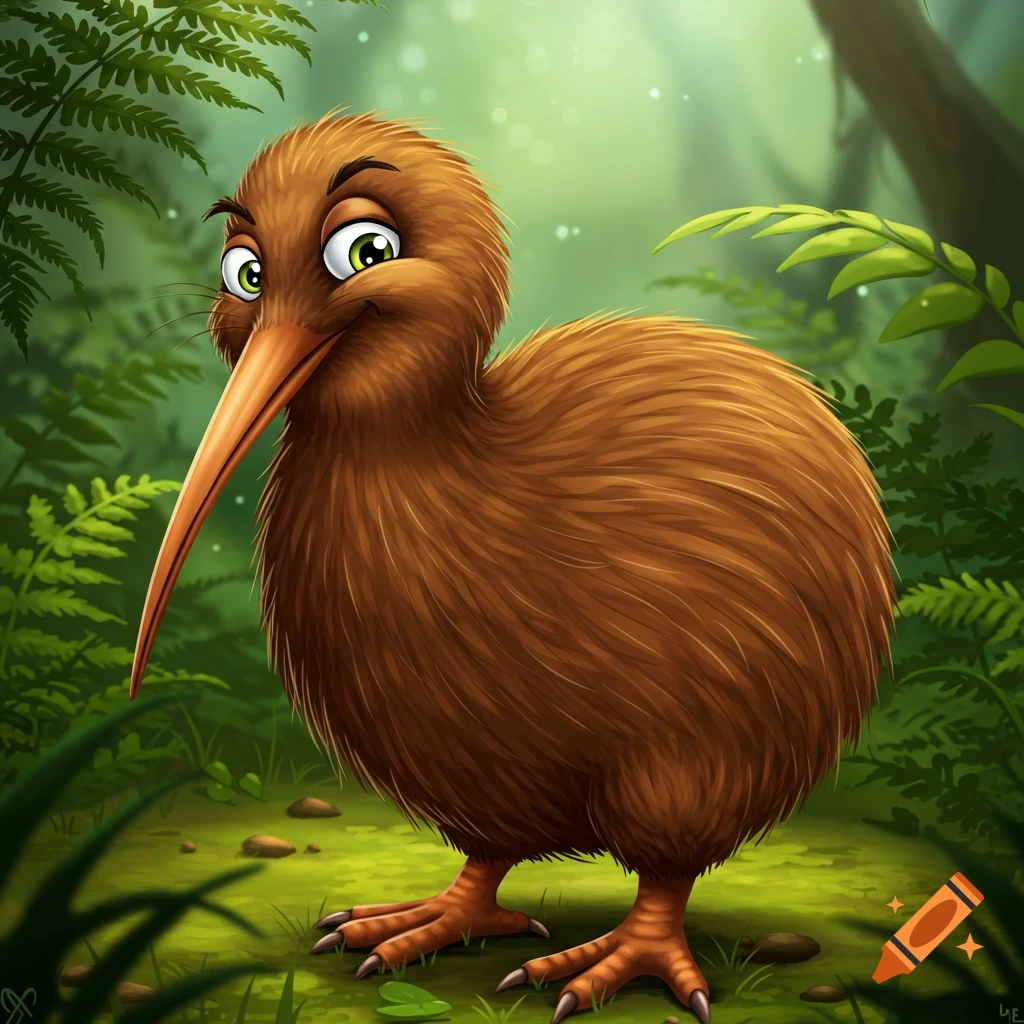 A cute cartoon kiwi bird stands in a forest.