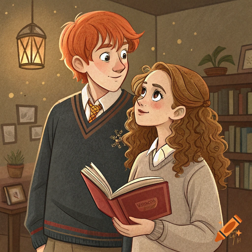 Cartoon illustration of Ron Weasley and Hermione Granger looking at each other, Hermione holding a book, in a library.