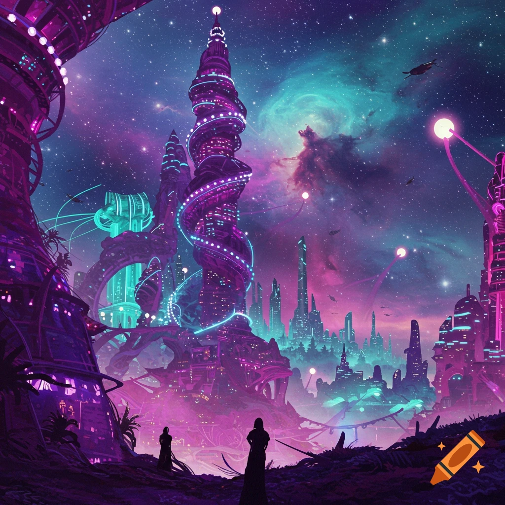 A futuristic city under a colorful nebula sky with two figures