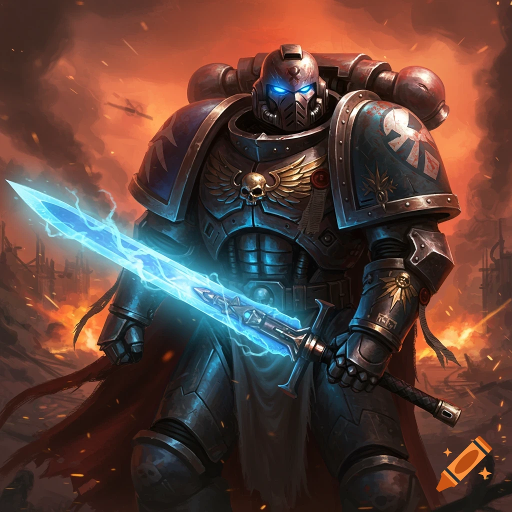 A heavily armored Space Marine character holding a glowing energy sword in a battle scene.