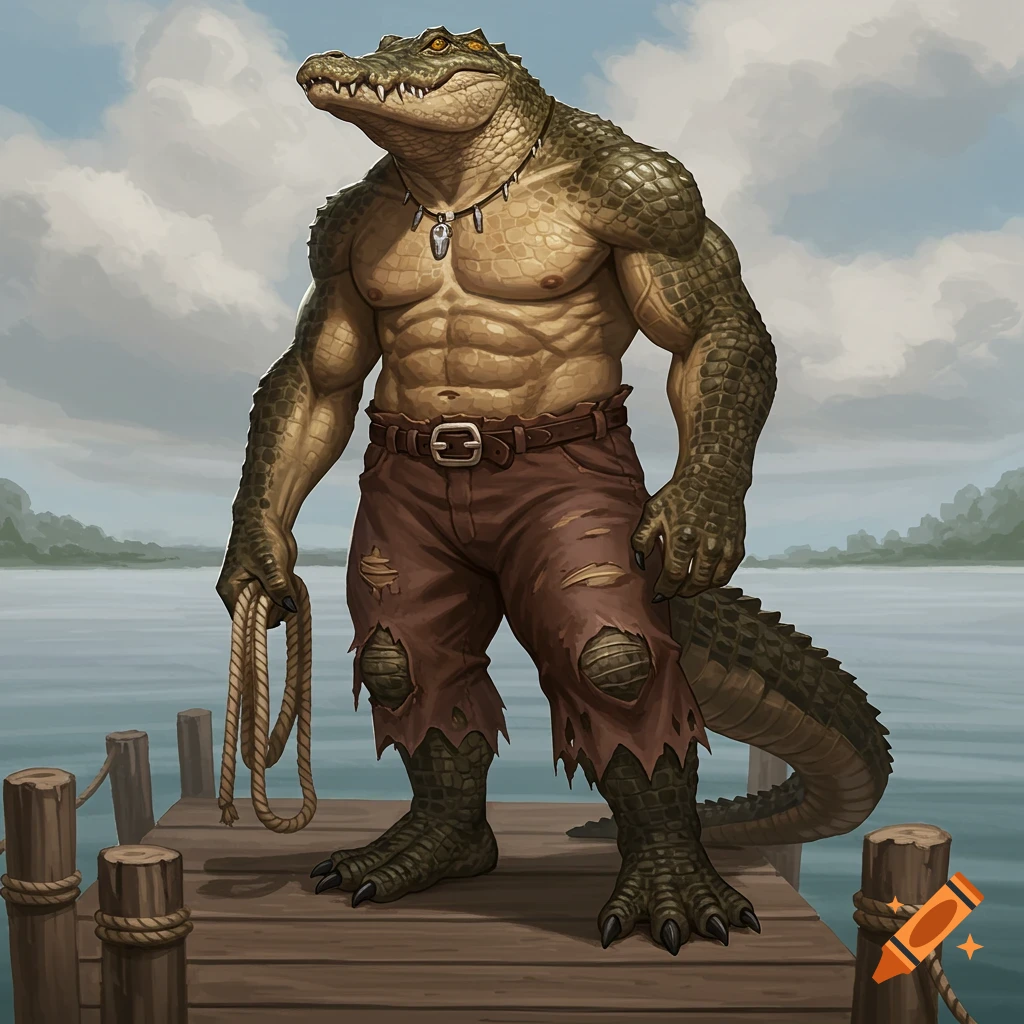 A muscular anthropomorphic alligator in ripped pants stands on a dock, holding a rope.