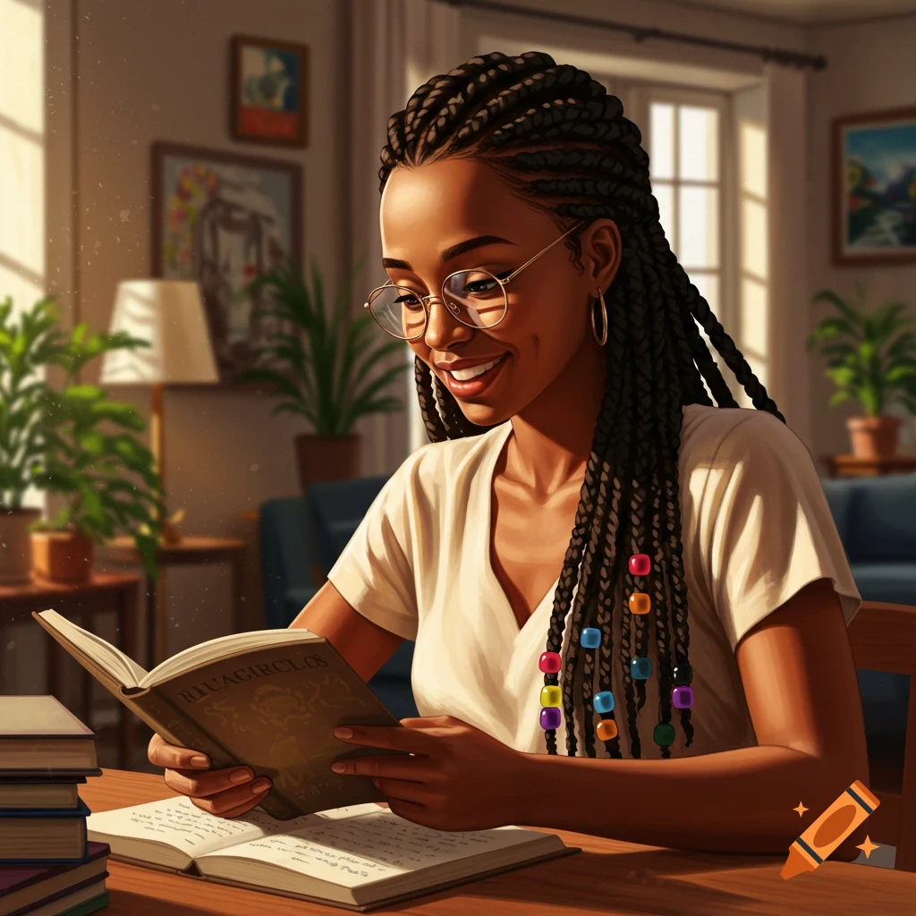 A smiling woman with braids and glasses reading a book in a cozy room.