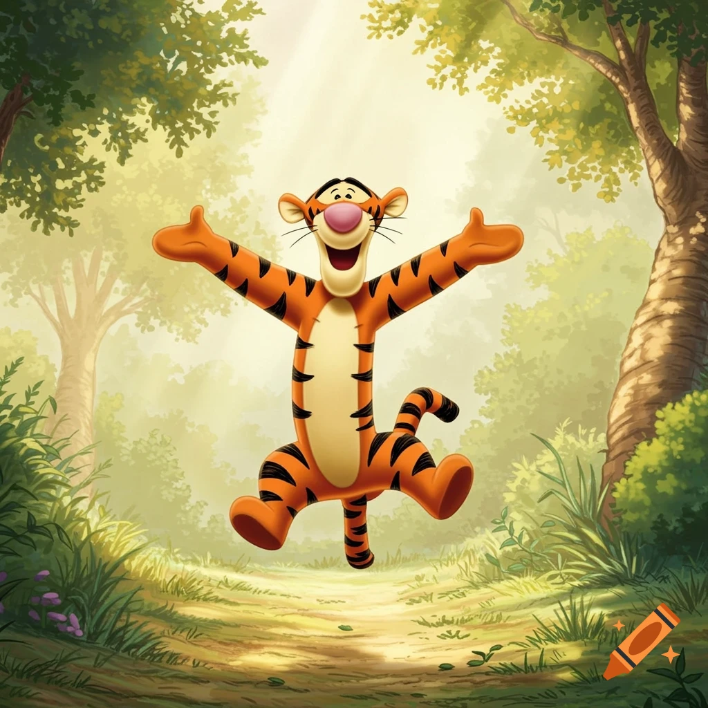 Tigger from Winnie the Pooh bounces joyfully in a sunlit forest.