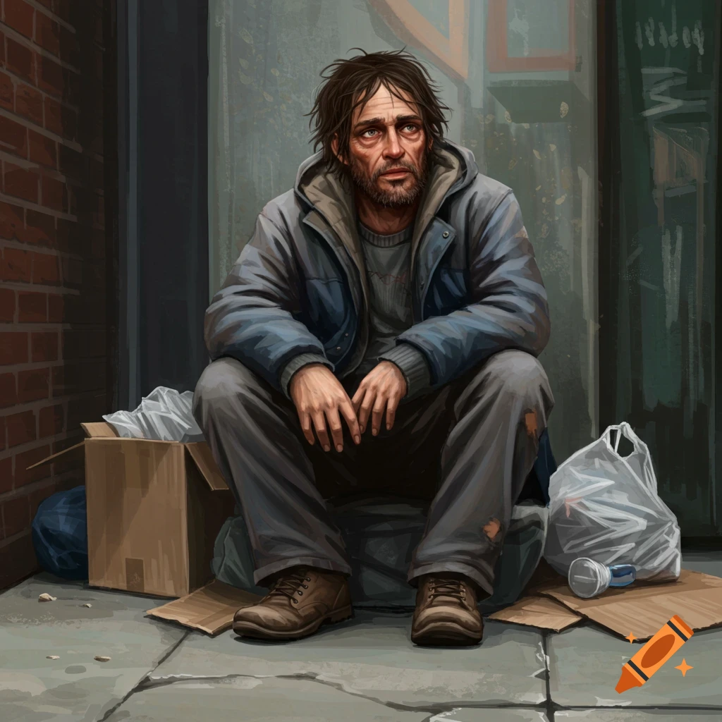 A homeless man is sitting on the street with bags and boxes