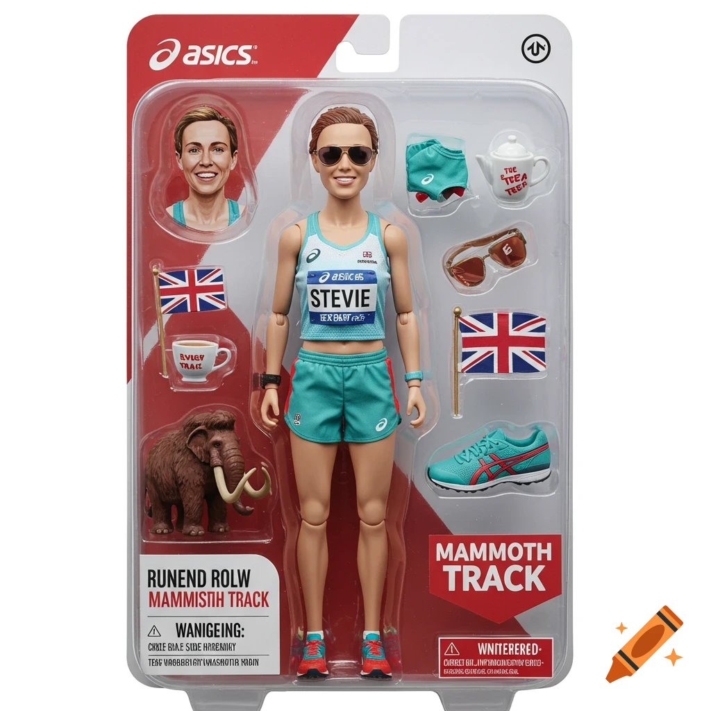 Action figure of a female runner in clear plastic toy packaging with accessories including a mammoth, flags, and shoes.