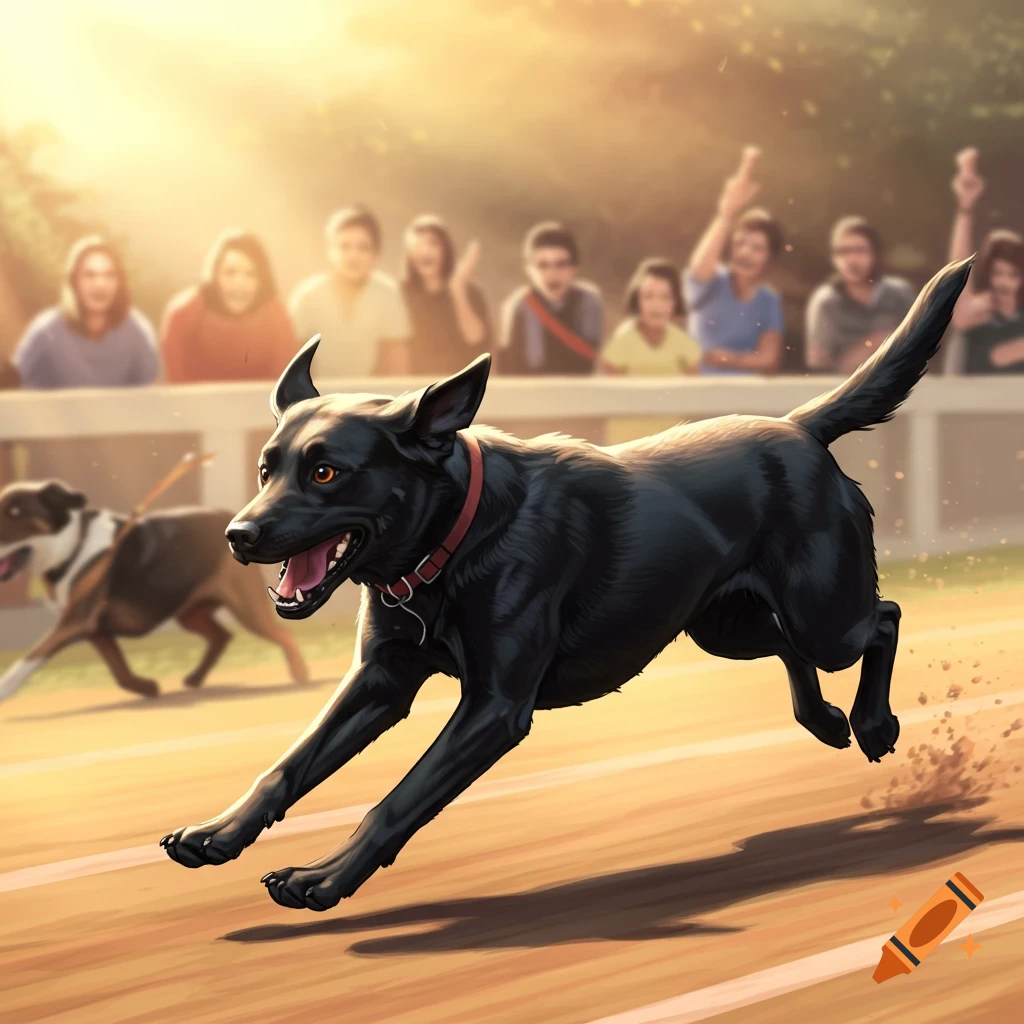 A black dog racing with spectators in the background