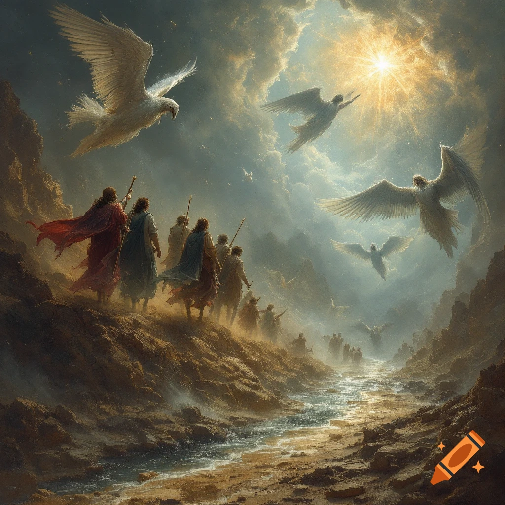 People walk through a rocky valley with a river as large white winged creatures fly in a cloudy, sunlit sky.