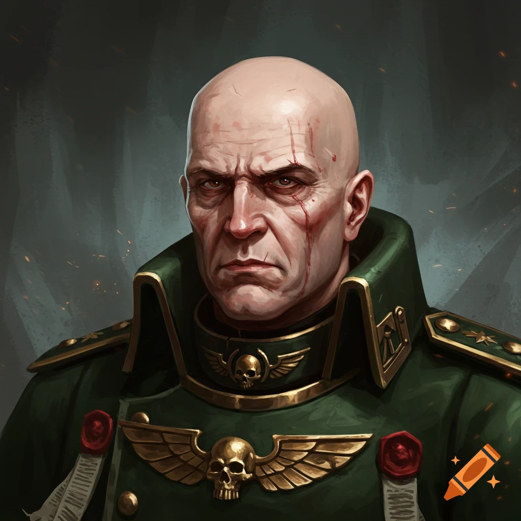 Portrait of a stern bald man with scars in green military uniform with gold insignia.