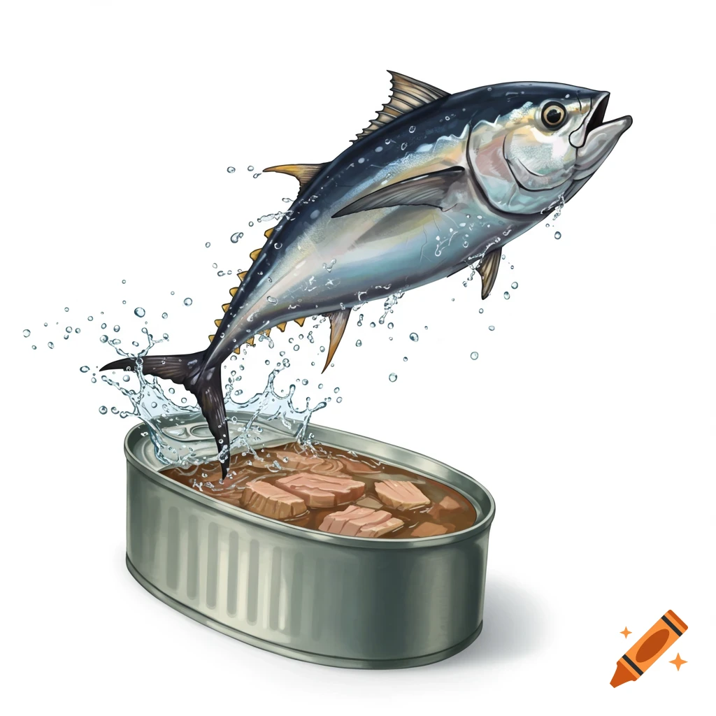 Tuna fish jumping from a can with splashing water on white background.