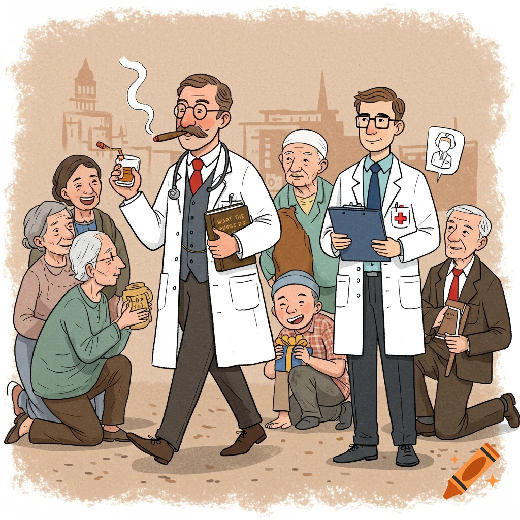 Cartoon illustration of a historical doctor with a cigar and drink, and a modern doctor with a clipboard, surrounded by patients offering gifts.