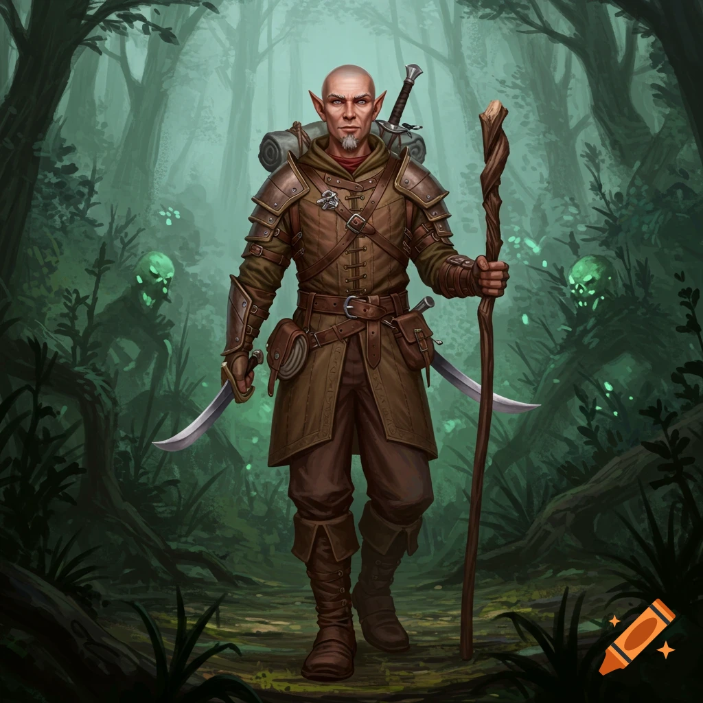 Bald half-elf ranger in leather armor with swords and staff walks through a dark forest with glowing figures.