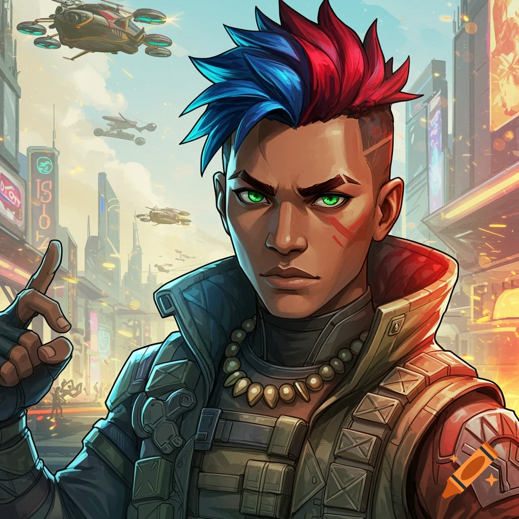 A character with spiky blue and red hair and green eyes in a futuristic city, comic book style.