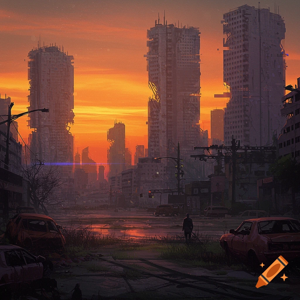 A figure walks down a ruined street in an apocalyptic city. Destroyed skyscrapers rise around them under a sunset sky.