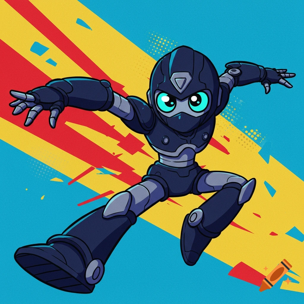 A cartoon robot ninja in a dynamic pose against a colorful background.