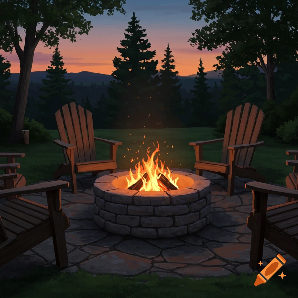 A fire pit surrounded by wooden chairs in a backyard at sunset.