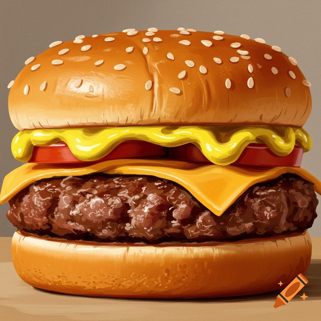 A hamburger with cheese, tomato, and mustard.