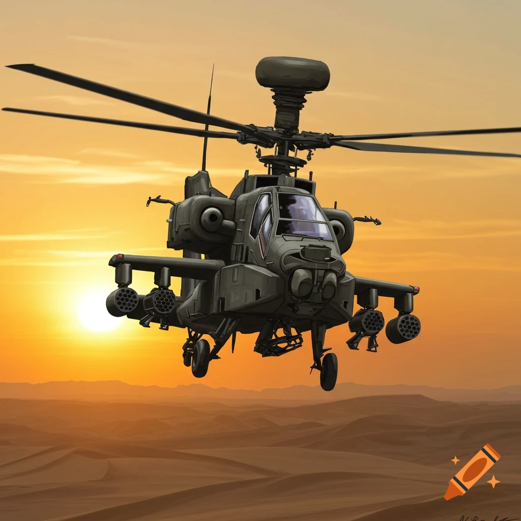 An Apache helicopter flying over sand dunes at sunset.