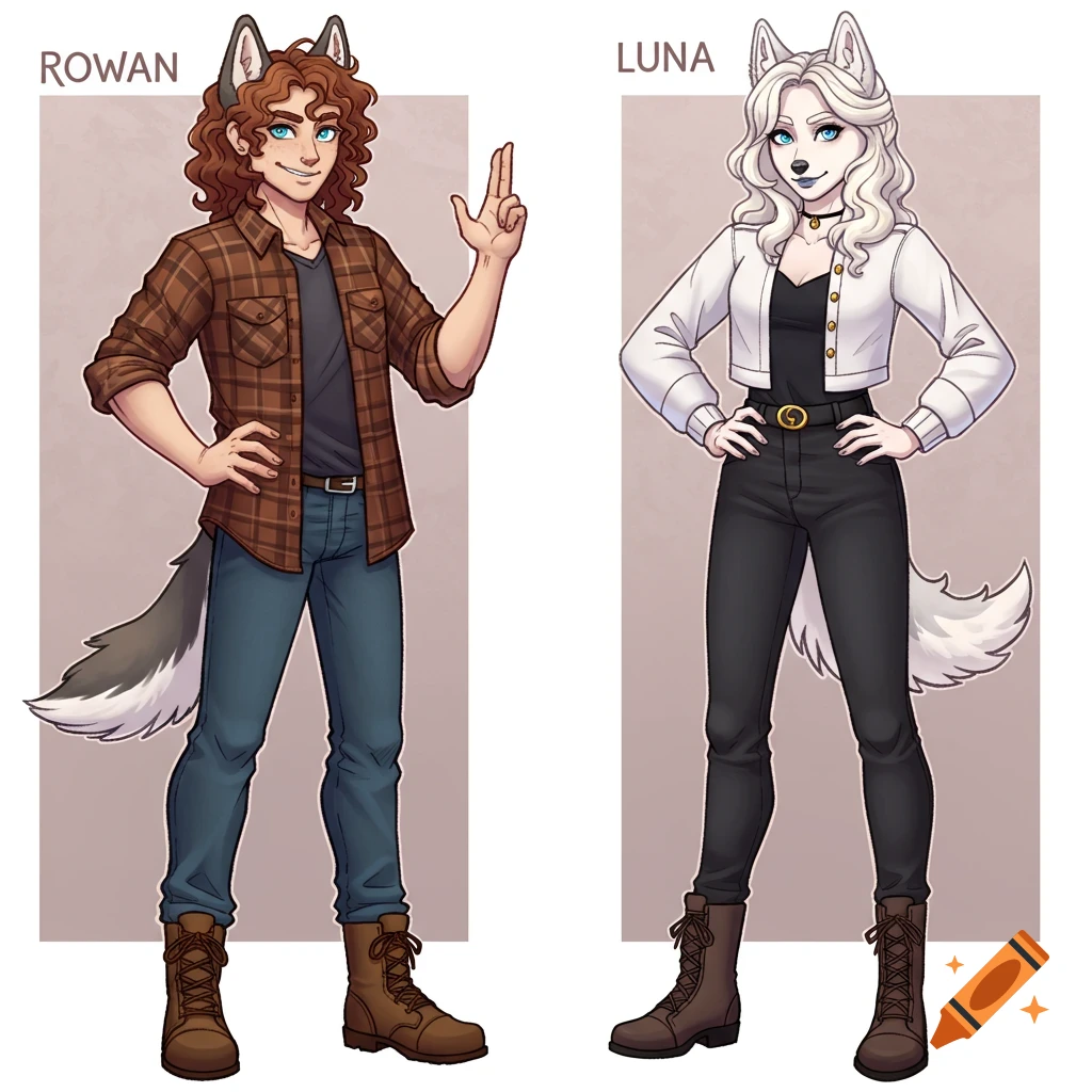 Character art of Rowan and Luna, human-like with husky ears and tails. Rowan in flannel, Luna in a white jacket.