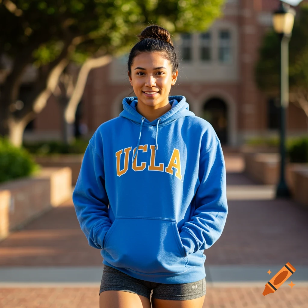 Young woman in blue UCLA hoodie and grey shorts standing on a university campus. Photorealistic.