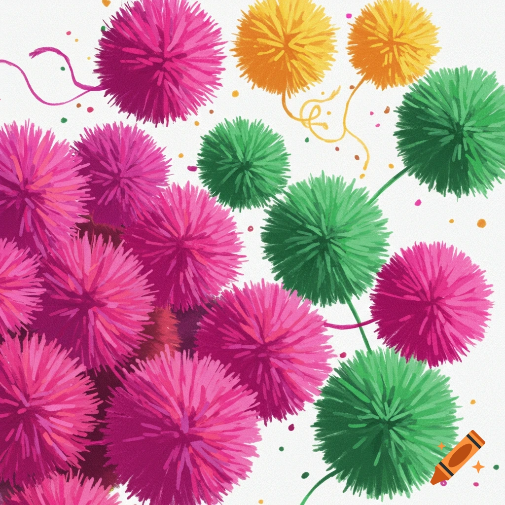 Colorful pink, green, and yellow pom-poms.