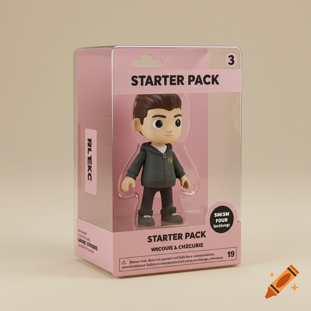 A stylized collectible figurine in clear and pink product packaging against a beige background. The box is labeled STARTER PACK.