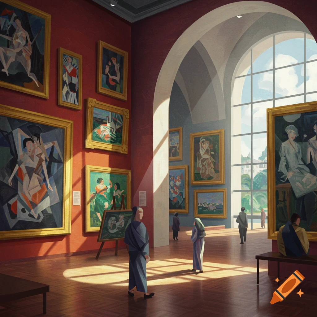 Interior of an art museum with people viewing paintings in cubist and impressionist styles.