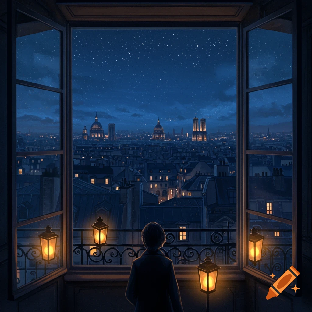 A person looks out a window at a starry night sky over a city.