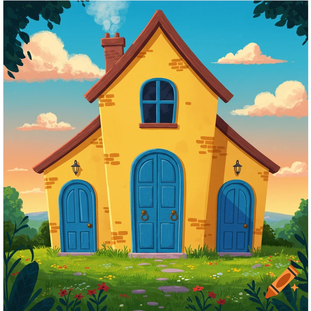 Yellow cartoon house with three blue doors in a colorful flower meadow under a cloudy sky at sunset. Illustration style.