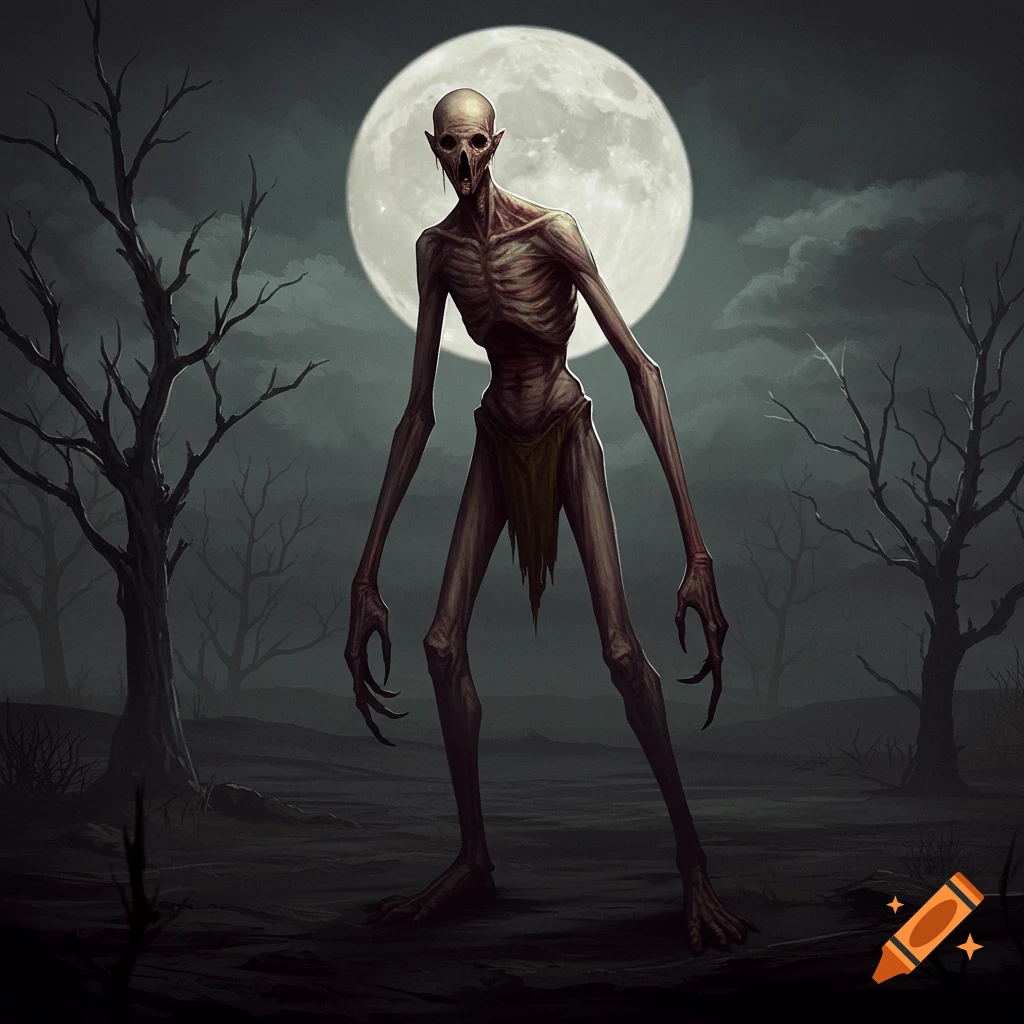 A tall, skeletal creature stands under a full moon in a desolate landscape.