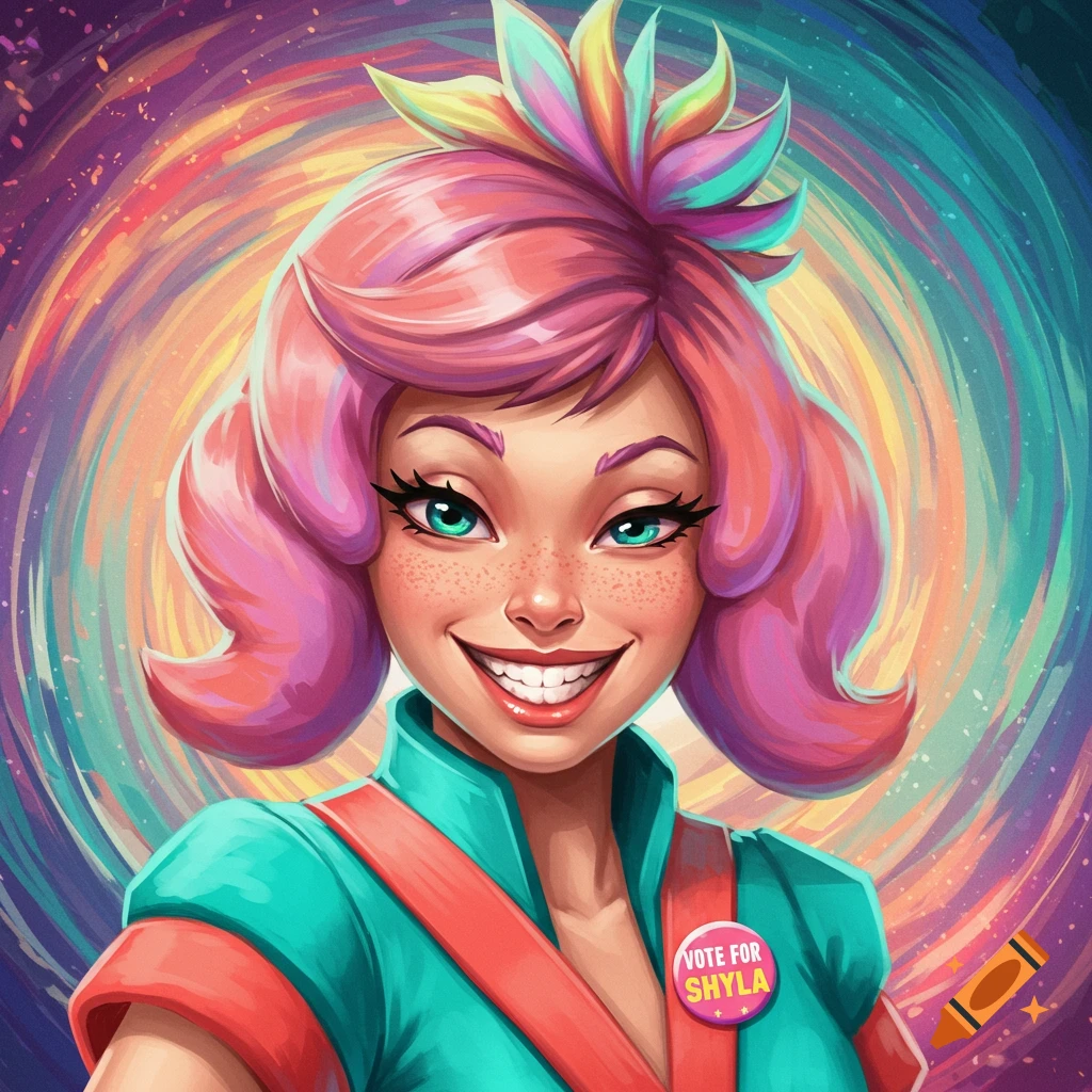 Stylized image of a smiling woman with pink hair and freckles wearing a 'Vote for Shyla' pin.