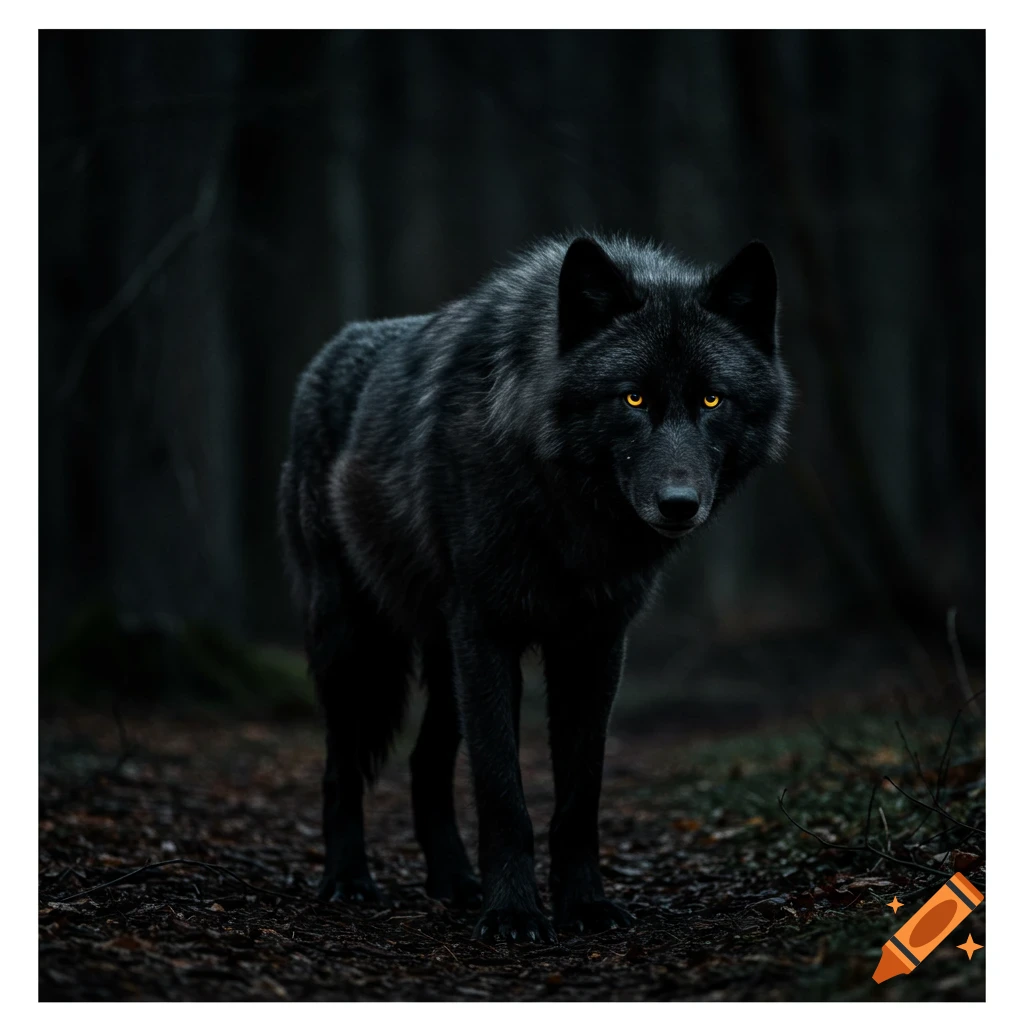 A black wolf with glowing yellow eyes stands in a dark forest.
