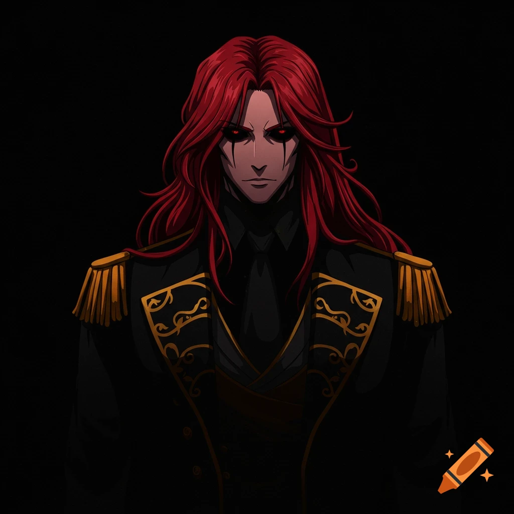Anime portrait of a man with long red hair and red eyes in a black suit with gold epaulets