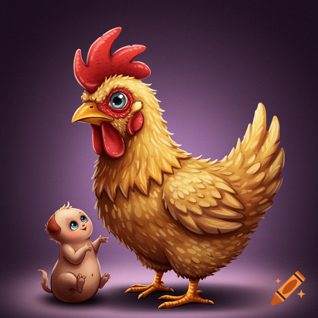 A large cartoon chicken stands next to a small, creature-like figure looking up at it.