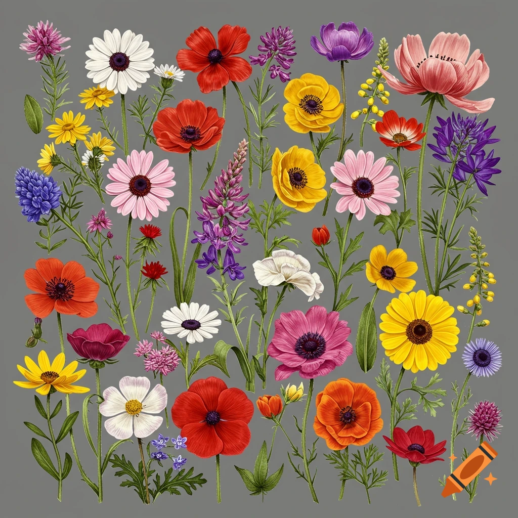 Various colorful wildflowers on a grey background.