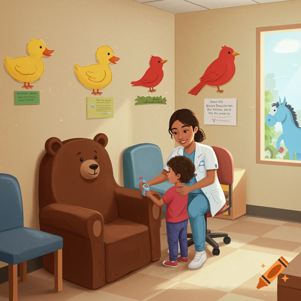A nurse and child are in a colorful pediatric office with animal wall art and a large bear chair.