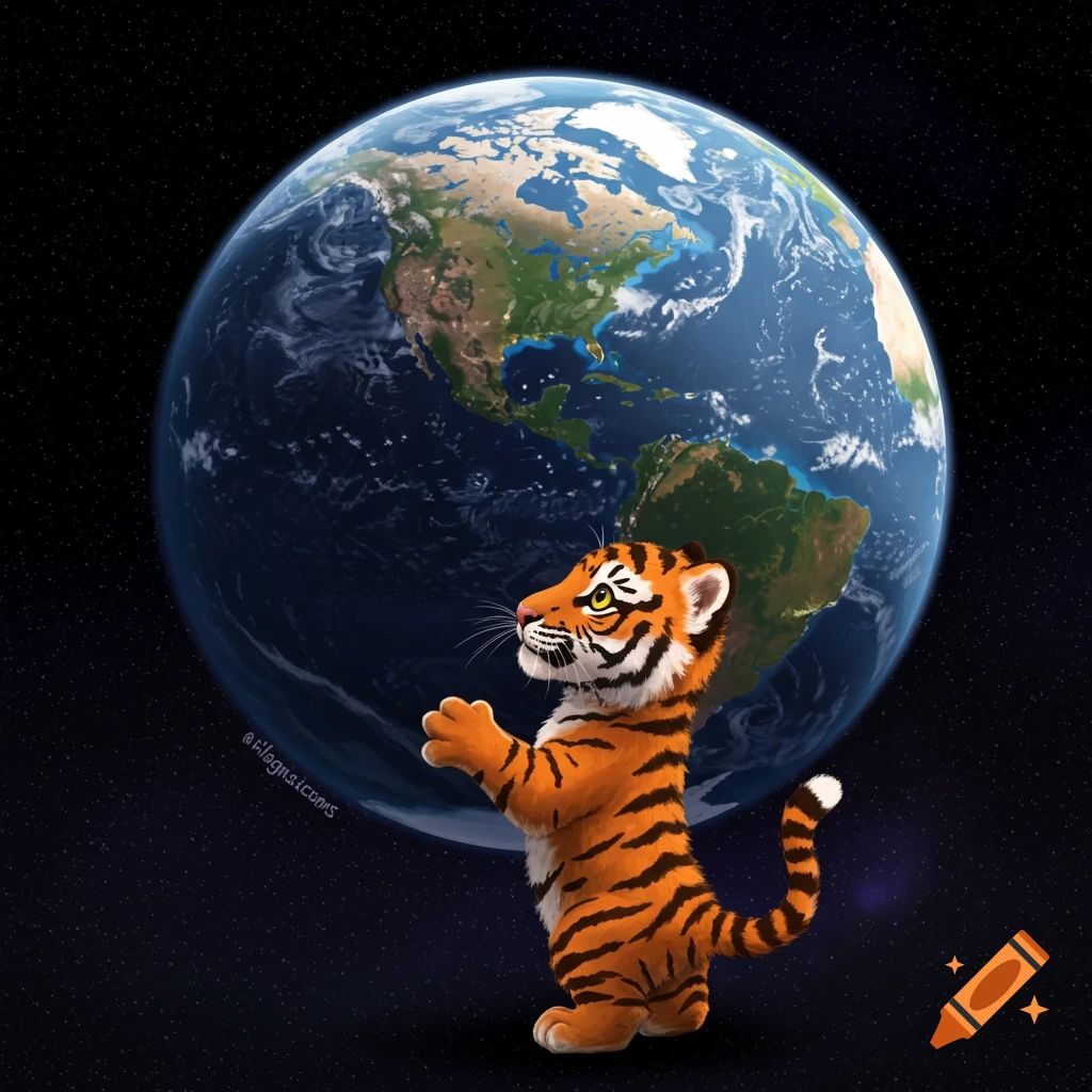 Cartoon tiger cub in space looking at Earth.