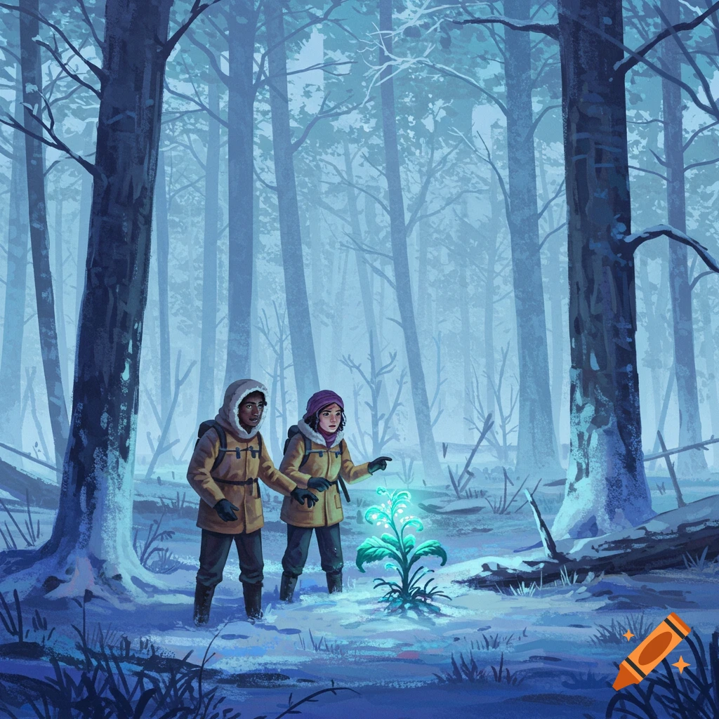 Two people discover a glowing plant in a snowy forest.